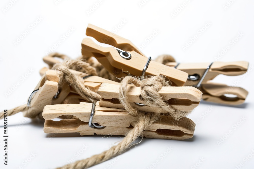  a pile of wooden clothes pegs tied up with a string and a pair of eyeballs on top of each of the pe