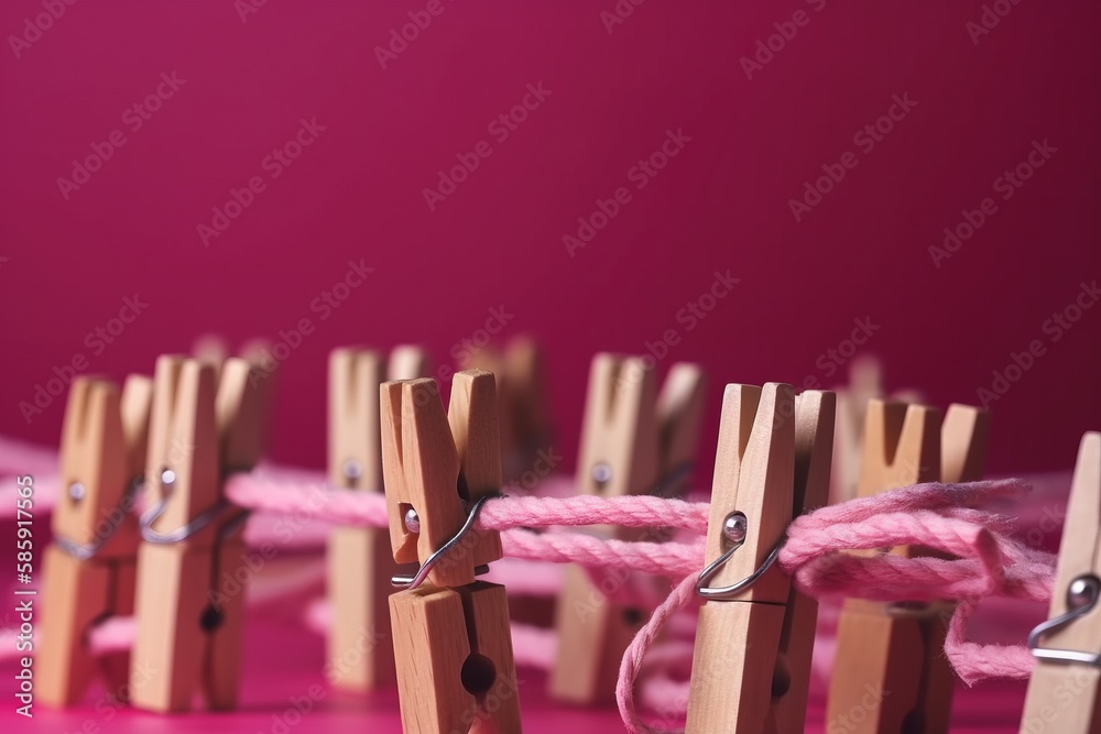  a group of clothes pins tied to a pink string with a pink background and a pink wall in the backgro