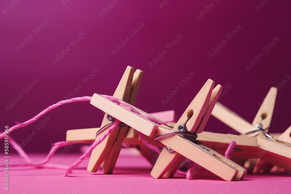  a group of clothes pins tied together with a pink string on a pink background with a pink backgroun