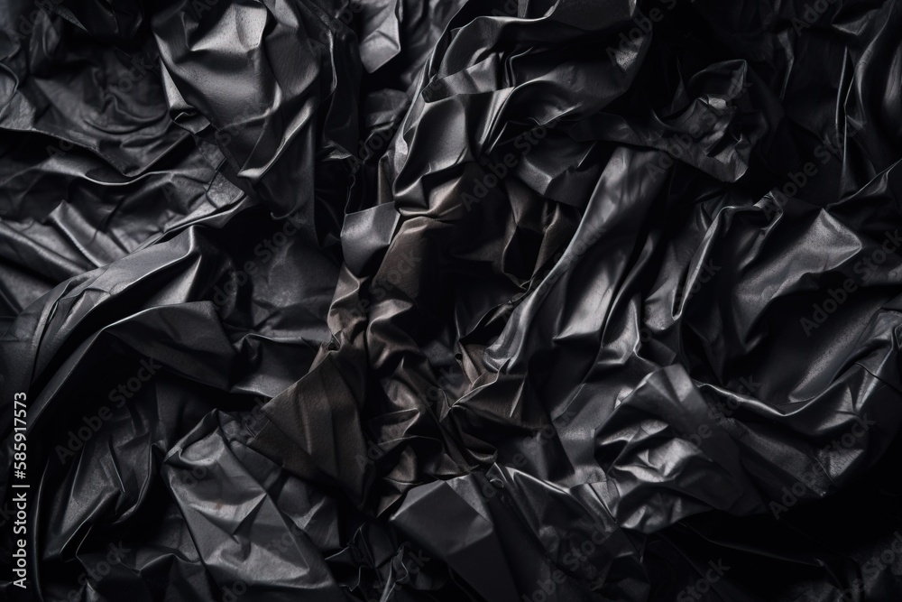  a pile of crumpled black paper sitting on top of a table next to a wall with a clock on its side o