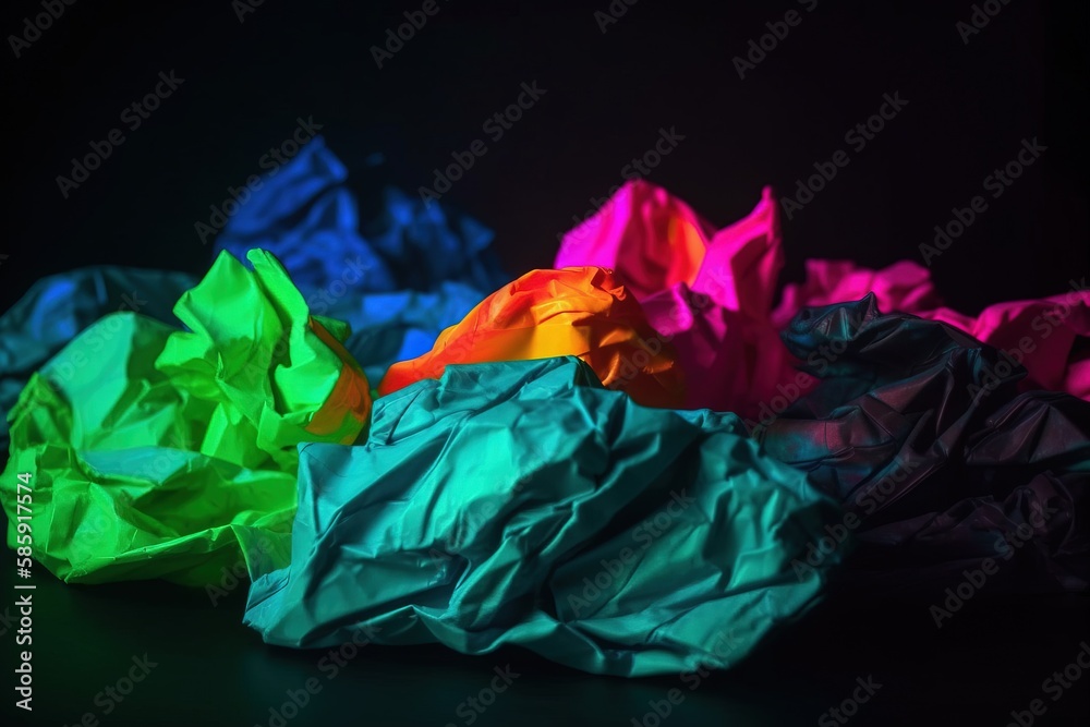  a pile of crumpled paper sitting on top of a black tablecloth covered in multicolored tissue paper 