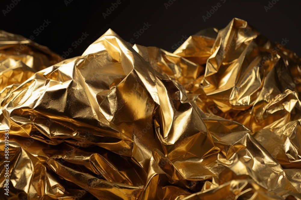  a pile of shiny gold foil sitting on top of a black tablecloth covered in gold foil foil paper.  ge