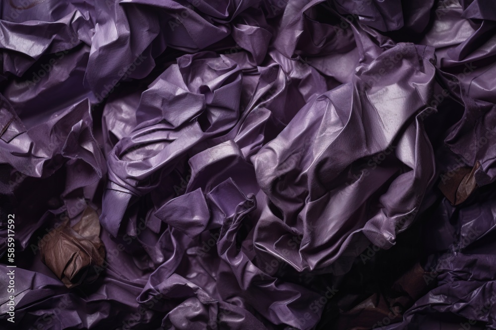  a pile of crumpled purple paper with a stuffed animal on its back side and a stuffed animal on top