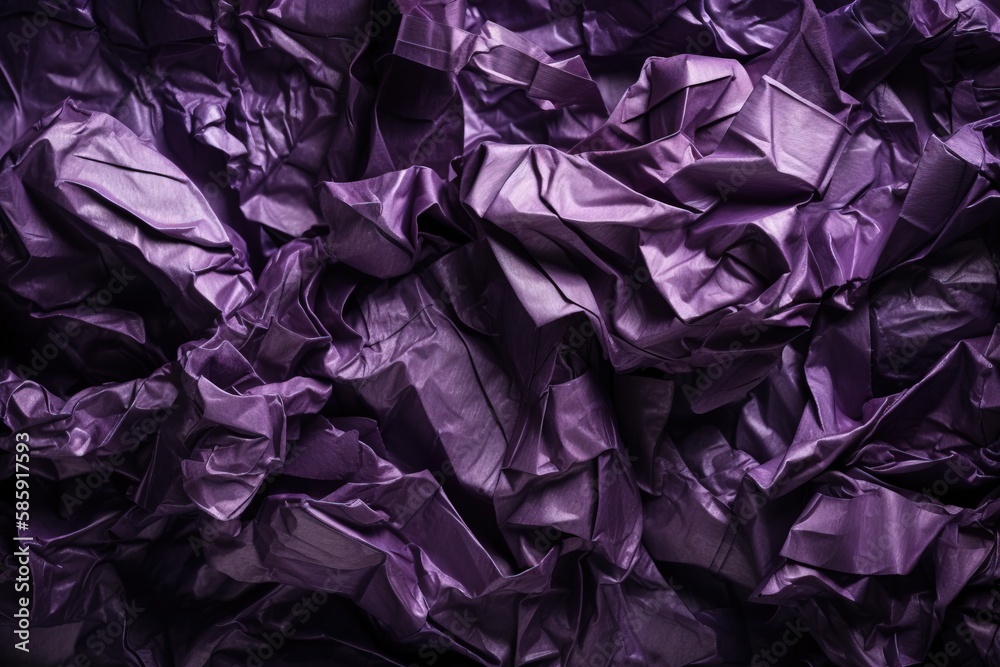  a pile of purple crumpled paper sitting on top of a wooden table next to a wall covered in purple s