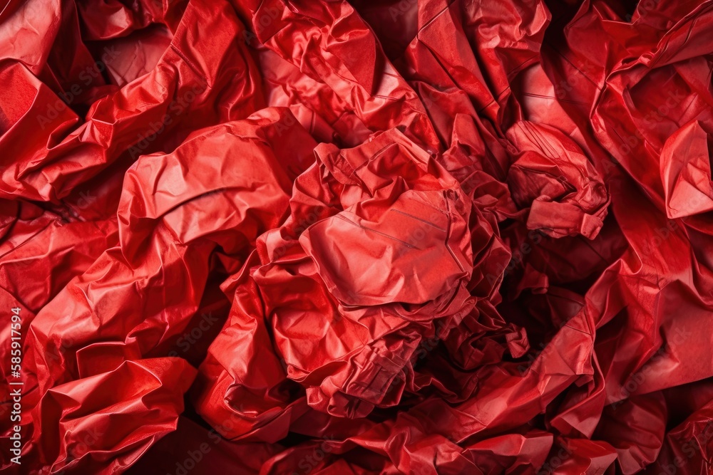  a pile of red crumpled paper sitting on top of a table next to a computer mouse and a cell phone on