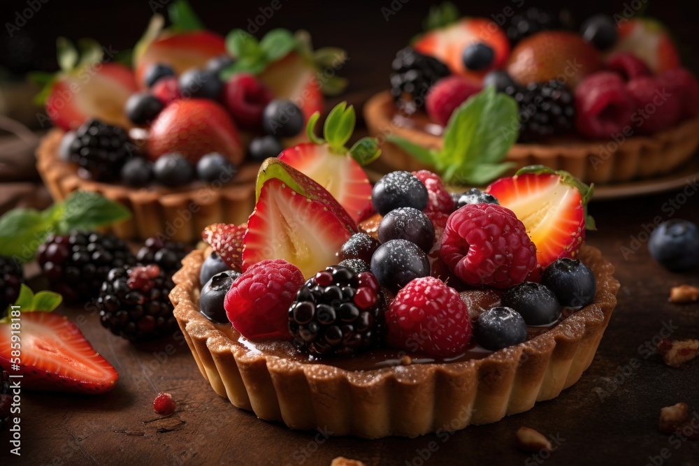  a close up of a pie with fruit on it and other fruit on the side of the pie and on the table next t