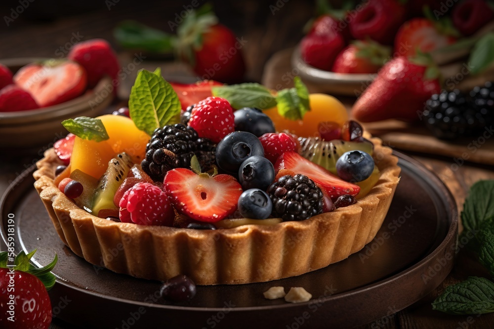  a fruit tart is on a plate with berries and mint leaves on the side of the tart, and a bowl of stra