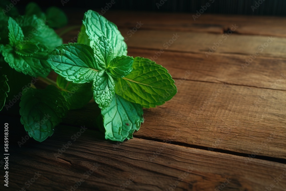  a close up of a leafy plant on a wooden table with water droplets on the leaves and the leaves on t