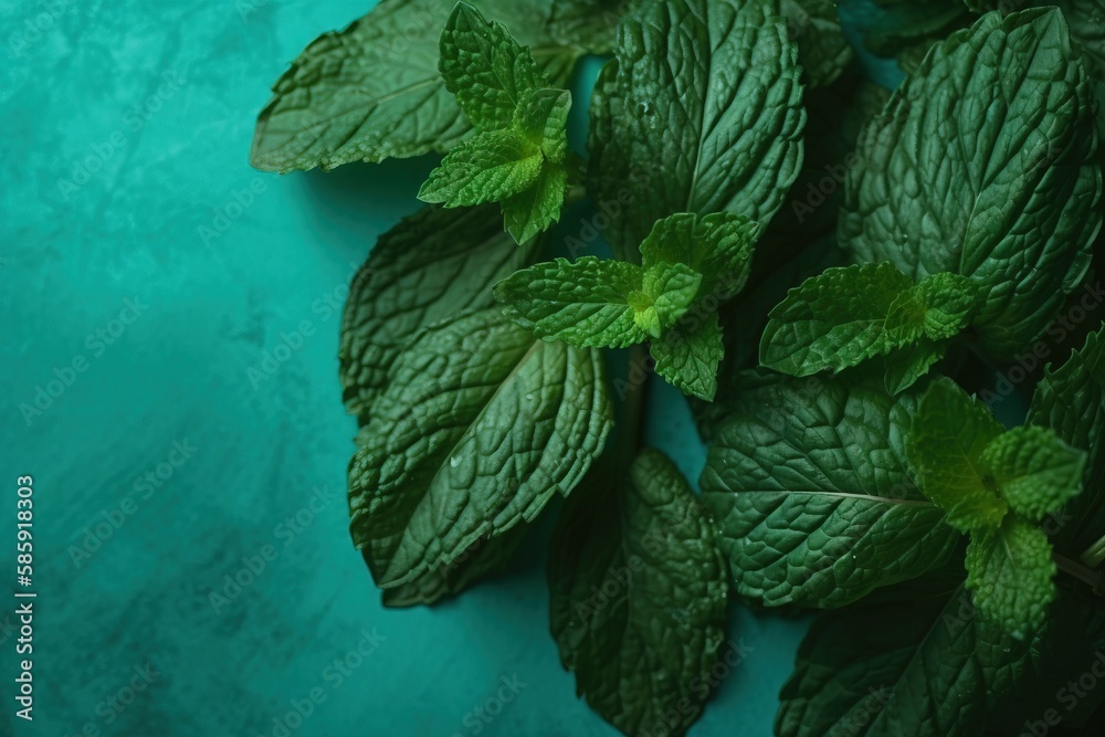  a bunch of mint leaves on a blue surface with a green background with a green spot in the middle of