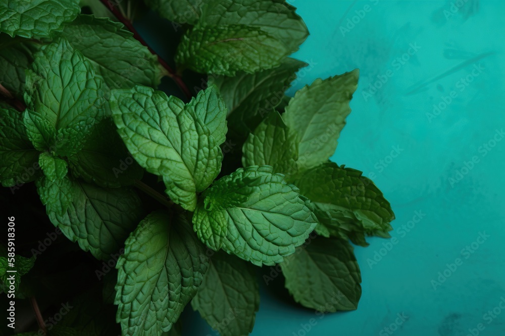  a close up of a bunch of green leaves on a blue surface with a blue background with a white spot in