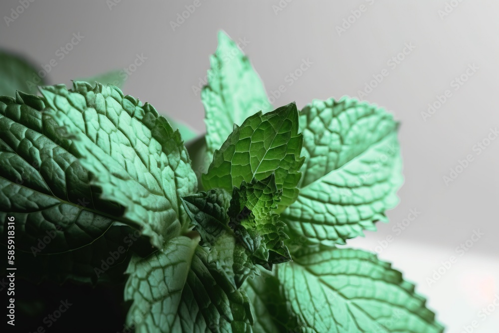  a close up of a green leafy plant on a white table top with a gray background in the foreground and