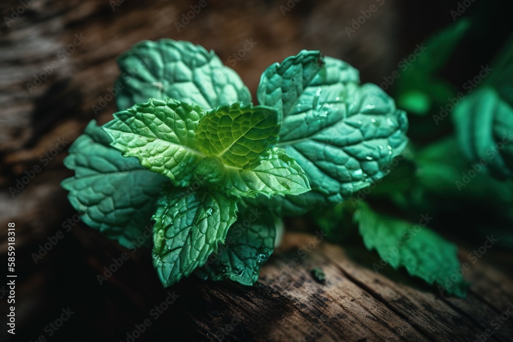  a close up of a green leafy plant on a wooden surface with a dark background and a wood grained sur