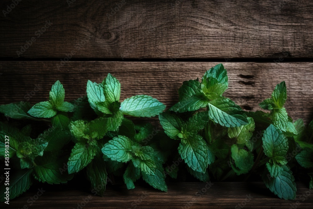  a bunch of green leaves on a wooden surface with a dark background and a wooden plank behind it, wi