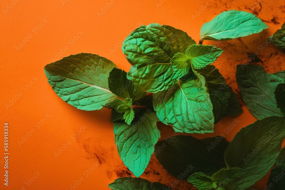  a group of green leaves on an orange surface with a black spot in the middle of the picture and a g