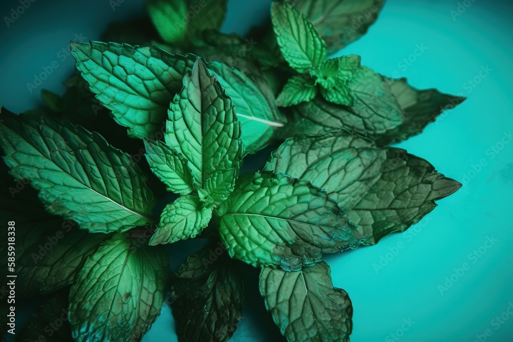  a close up of a bunch of mint leaves on a blue plate with a green background with a white line in t