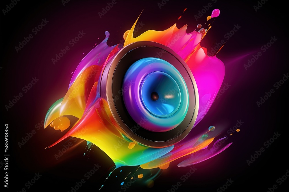  a colorful speaker with a splash of paint on its side and a black background with a black backgrou