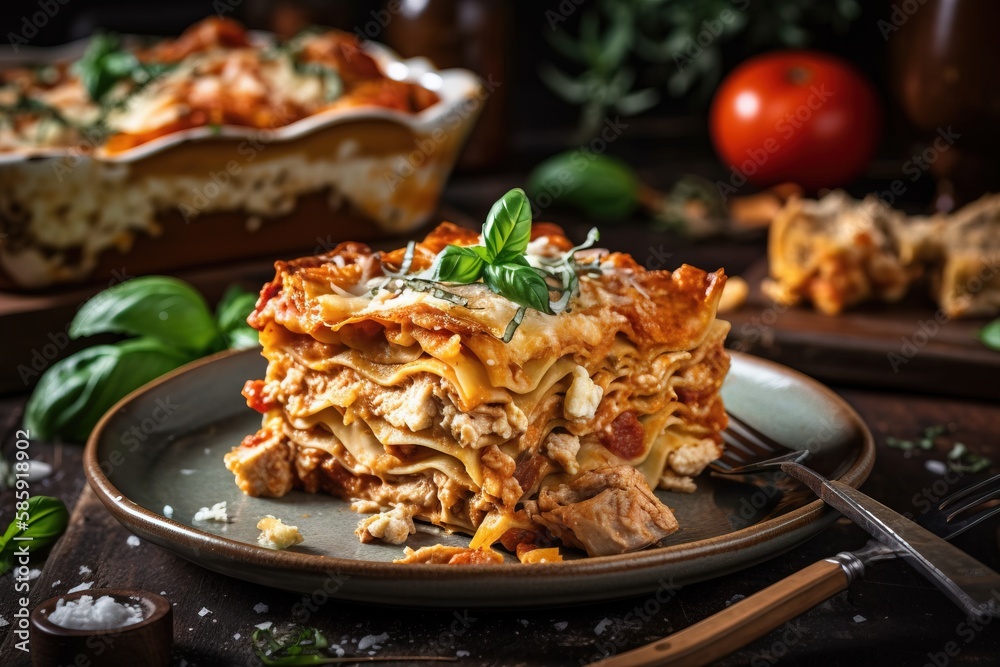  a plate of lasagna on a table with a fork and a bowl of tomatoes in the background and a bowl of ba