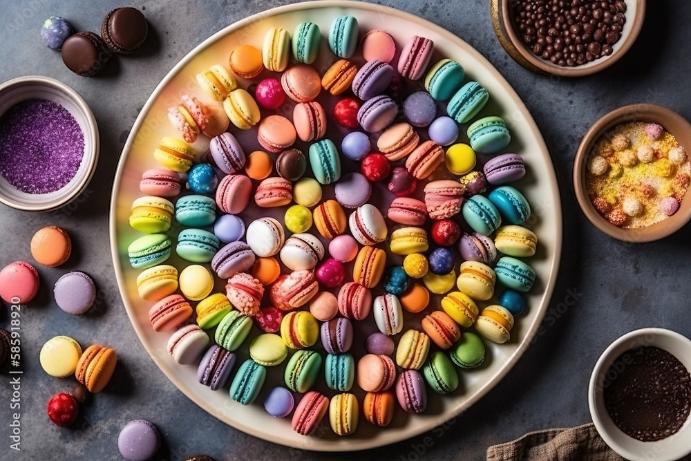  a plate of colorful macaroons and other desserts on a table with bowls of chocolates and a bowl of 