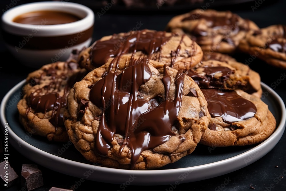  a plate of cookies with chocolate drizzled on top of them and a cup of coffee on the side of the pl