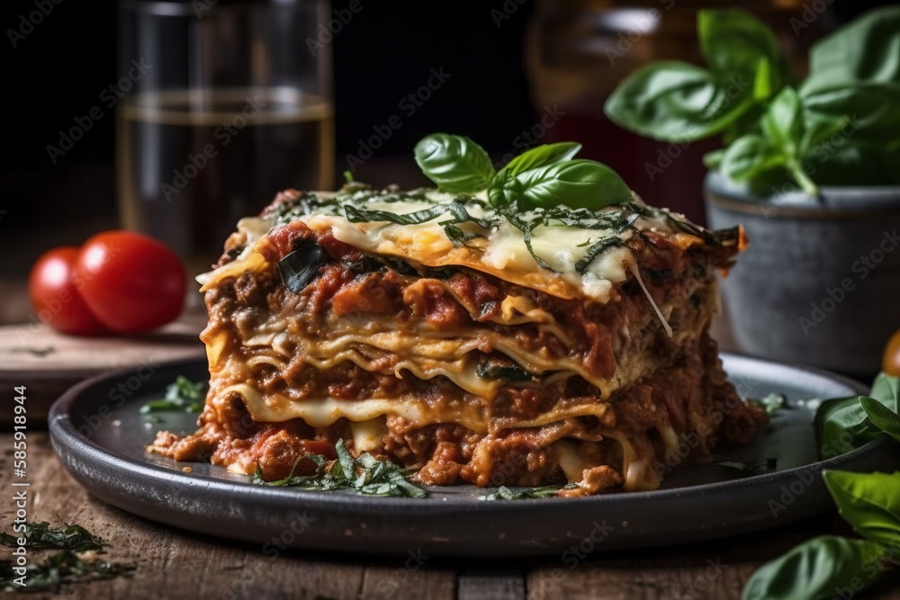  a plate of lasagna on a wooden table with basil and tomatoes in the background and a glass of wine 