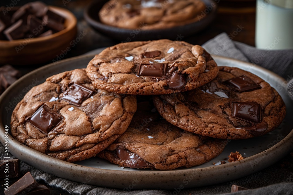  a plate of chocolate chip cookies with a glass of milk in the backgrouf of the plate and a few more