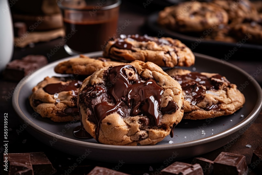  a plate of chocolate chip cookies with a glass of milk in the background on a table with other cook