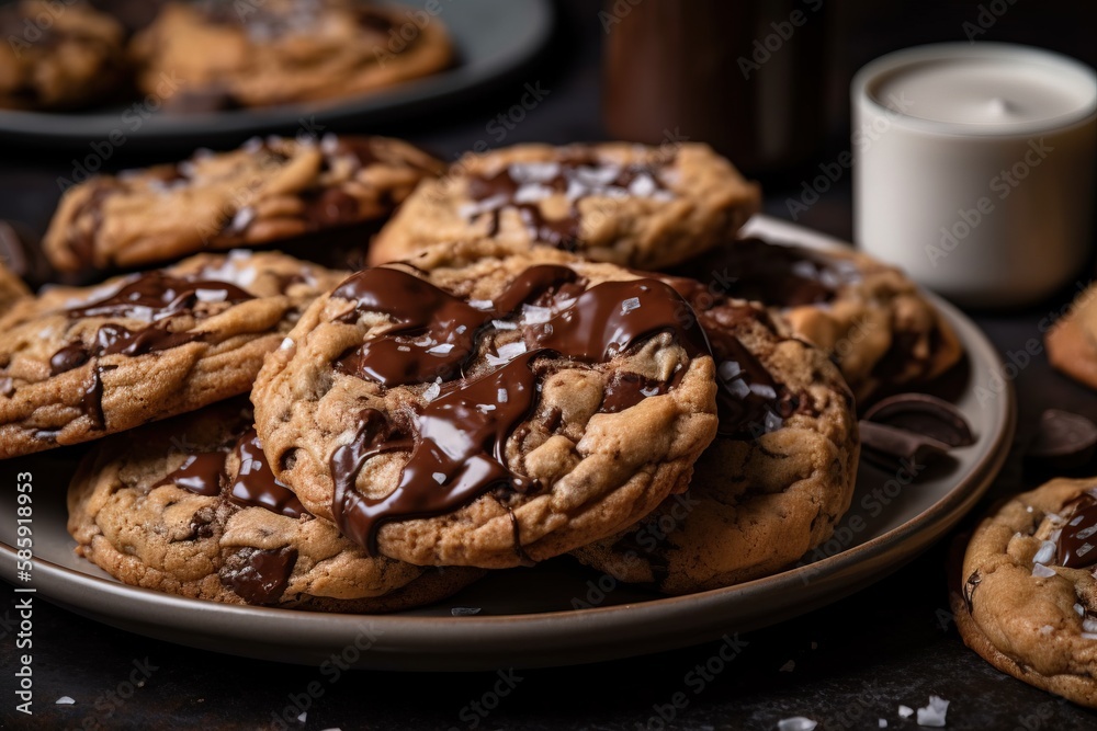  a plate of chocolate chip cookies with a glass of milk in the backgrouf of the plate and a few more