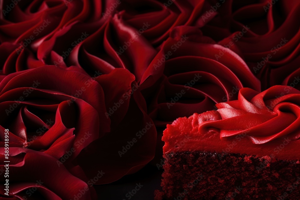  a piece of cake with red frosting on it and a rose in the background with a red rose on top of the 