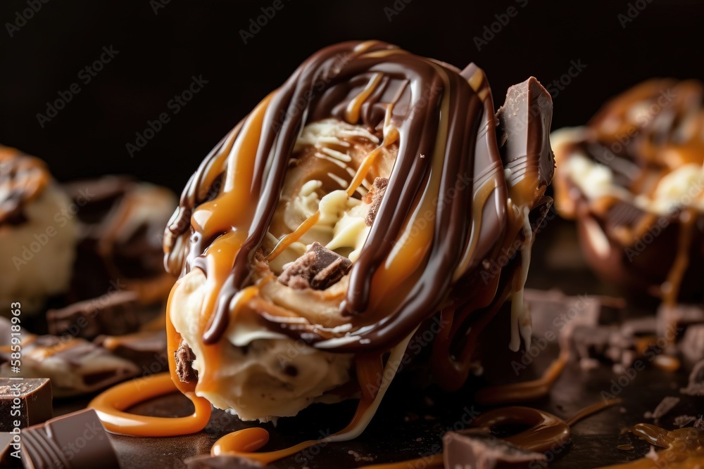  a chocolate dessert with caramel and chocolate drizzled on top of it, with other desserts in the ba