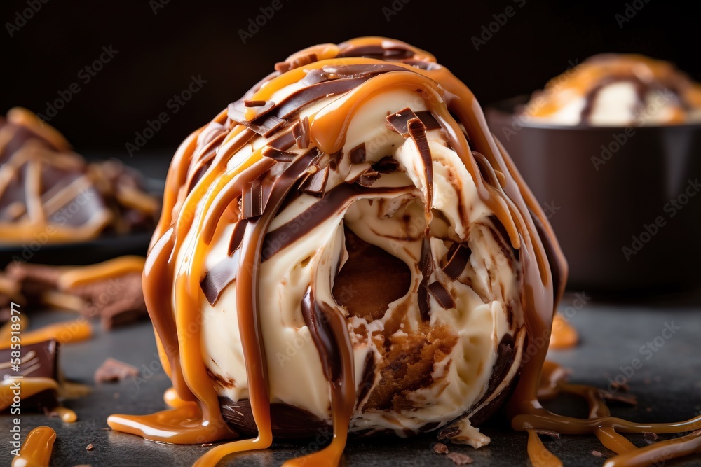  a chocolate dessert with caramel drizzle and chocolate drizzle on the top of the dessert and on the