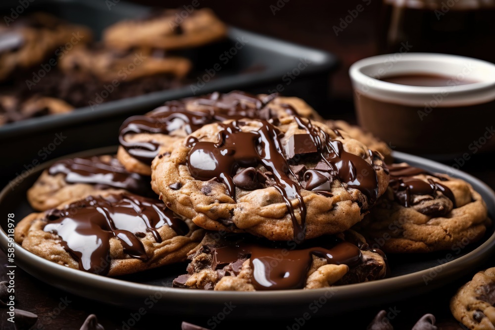  a plate of chocolate chip cookies with a cup of coffee in the background on a table with chocolate 