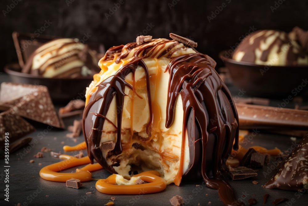  a dessert with chocolate and caramel drizzled on its sides and a chocolate drizzled on top of it. 