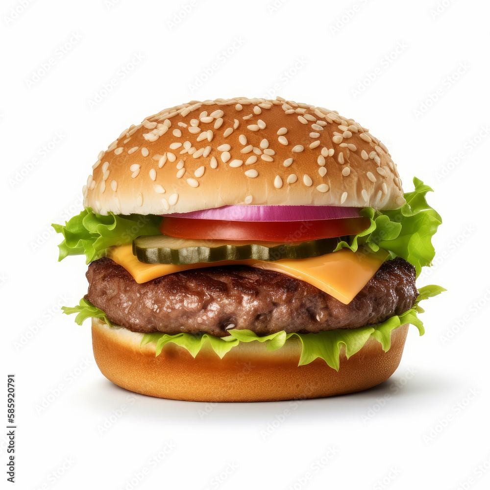 Beef burger isolated. Illustration AI Generative.