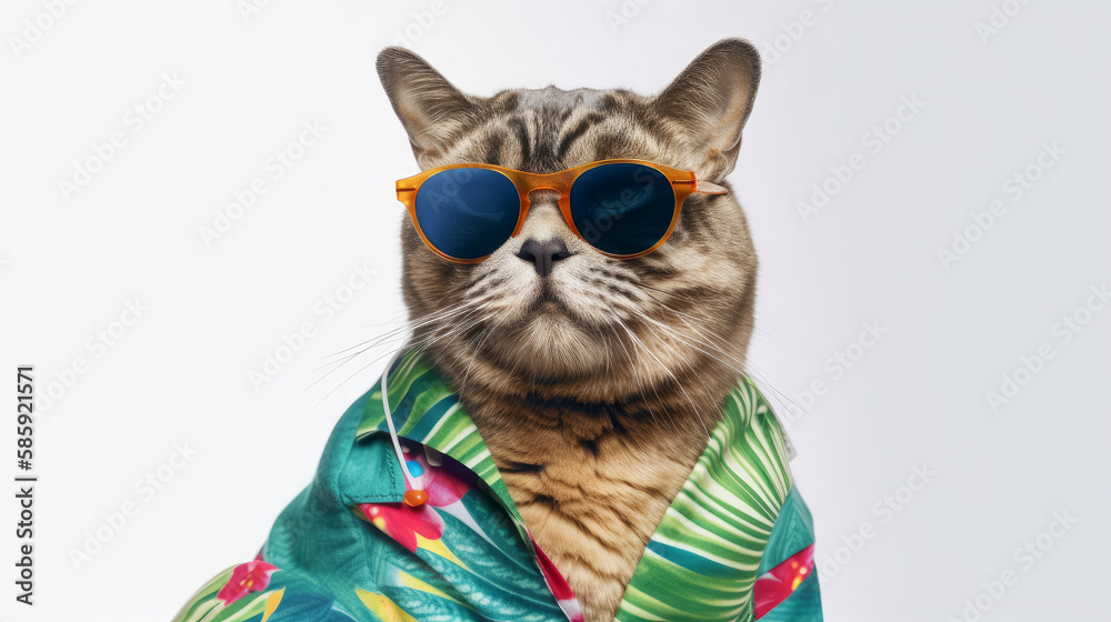 Funny summer cat. Illustration AI Generative.