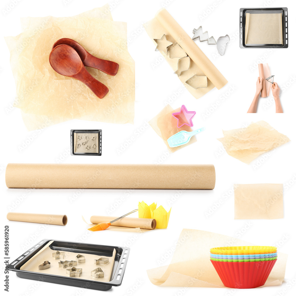 Collection of baking paper with kitchen utensils on white background