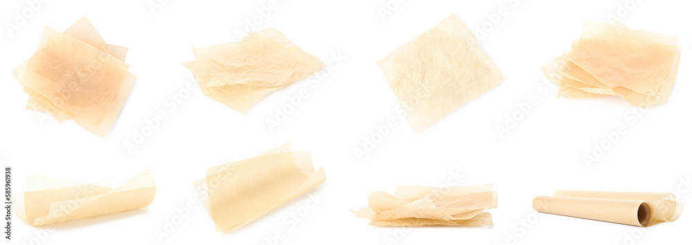 Collage of baking paper on white background