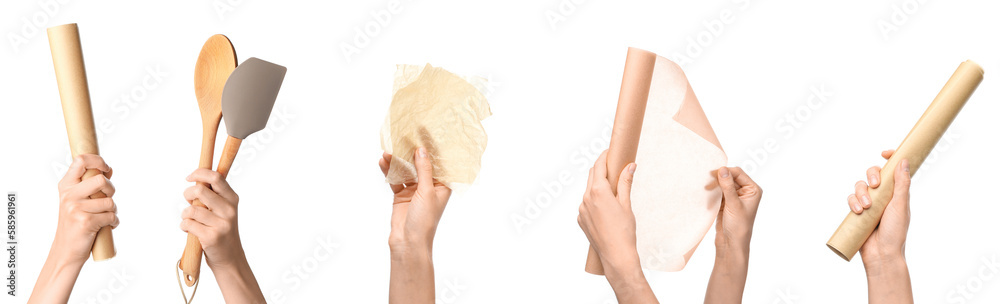 Collage of hands with baking paper and utensils on white background