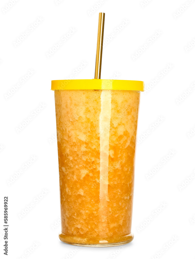 Glass of healthy orange smoothie isolated on white background