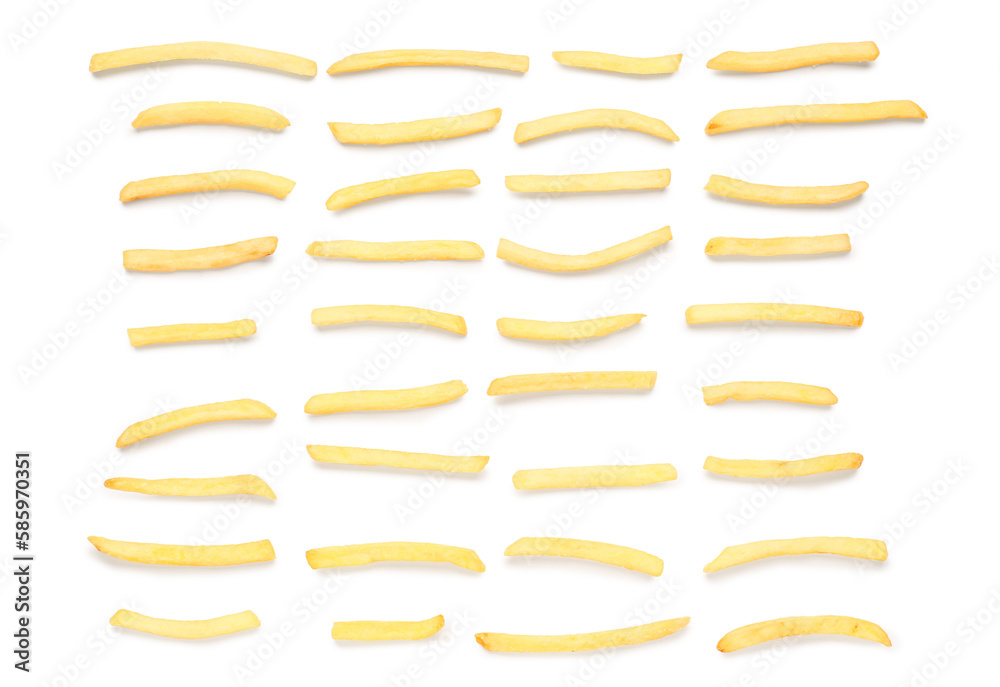 Composition with tasty french fries on white background