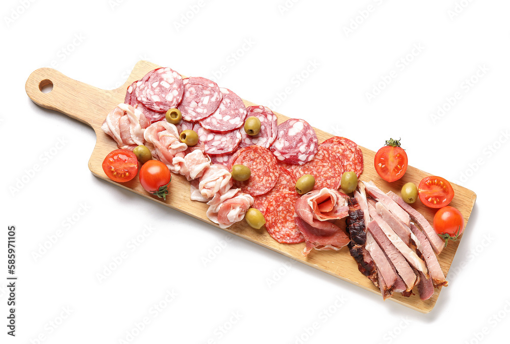 Wooden board with assortment of tasty deli meats isolated on white background