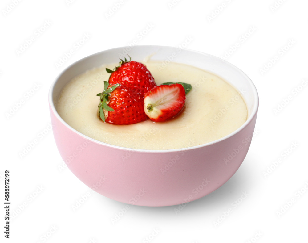 Bowl of tasty semolina porridge with strawberry on white background