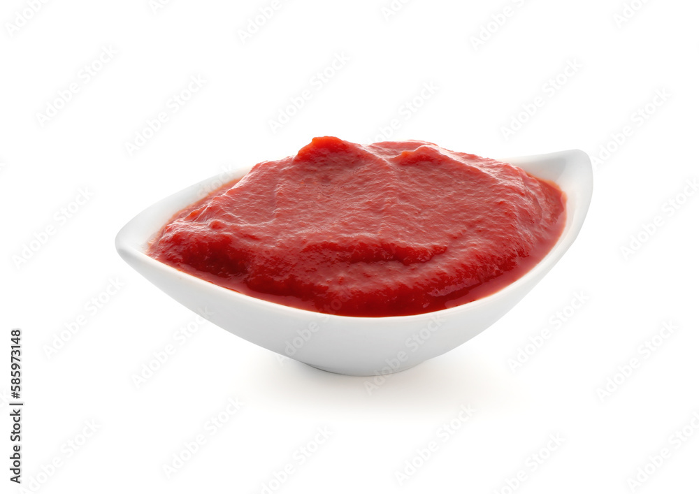 Bowl with tasty tomato paste on white background