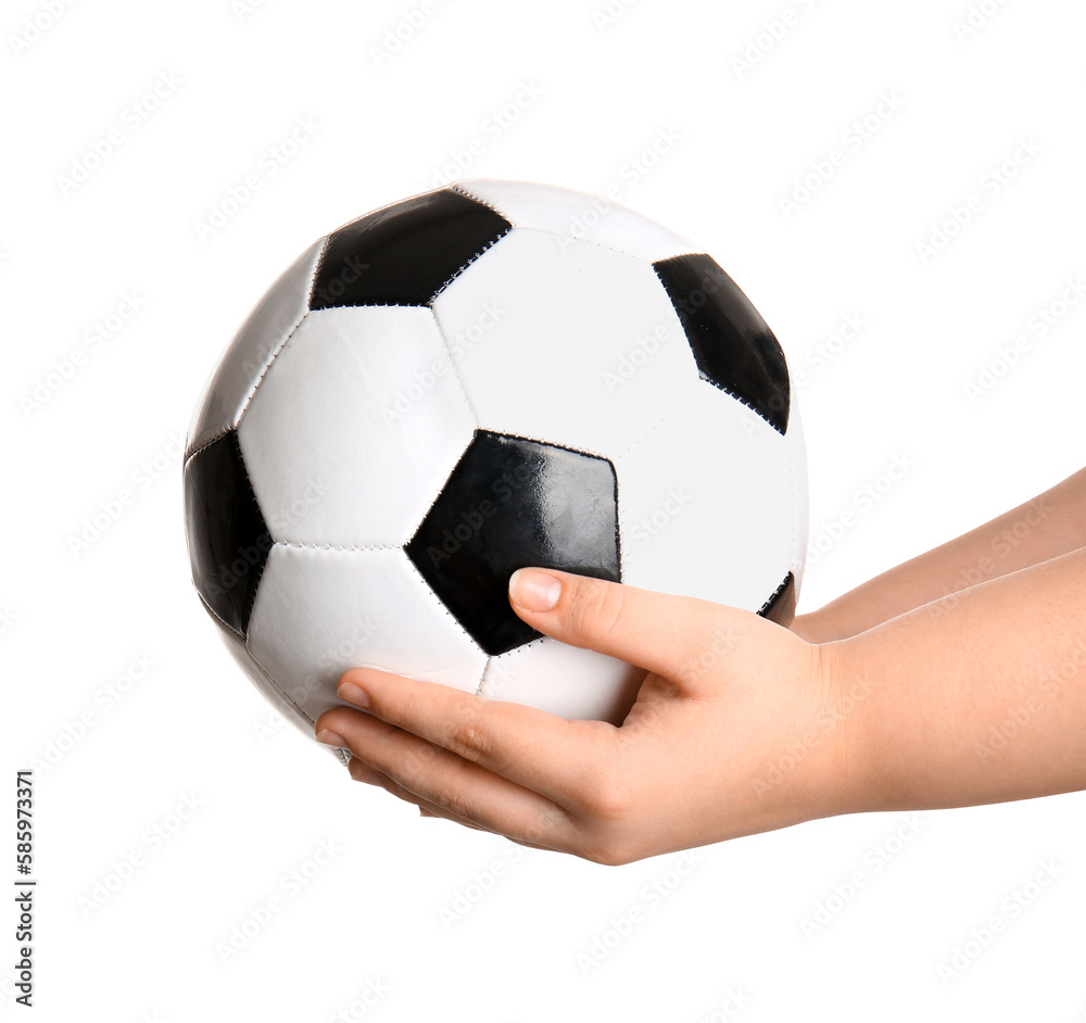 Hands with soccer ball on white background