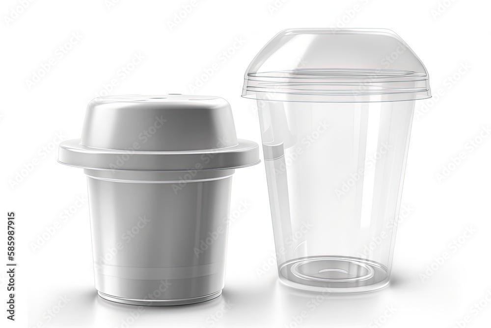 Illustration of two plastic cups with lids, one in blue and one in green, isolated on a white backgr