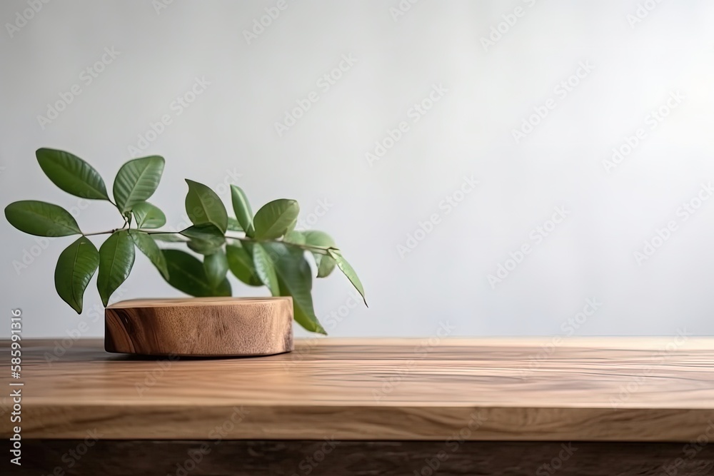 green plant in a wooden bowl on a table created with Generative AI technology