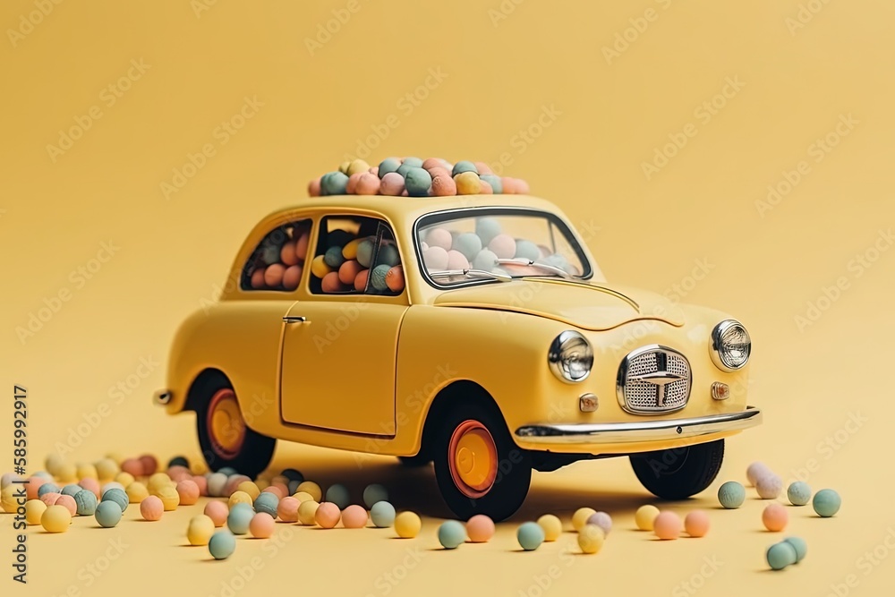 yellow car decorated with various types of candy on its roof created with Generative AI technology