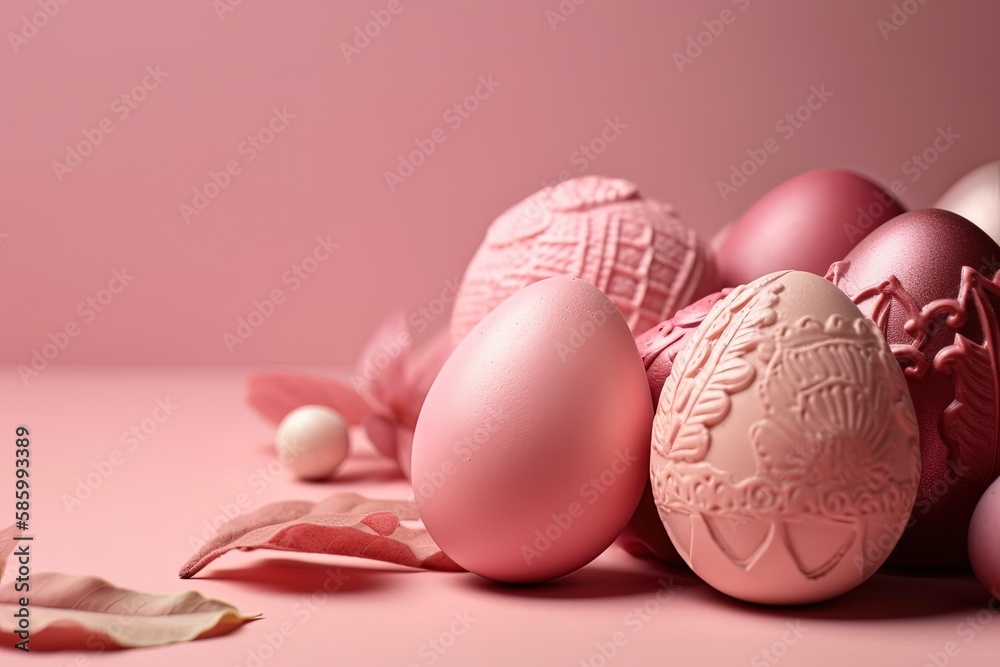 group of pastel-colored eggs on a soft pink background created with Generative AI technology