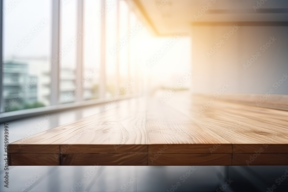 wooden table with a view from a window in the background created with Generative AI technology