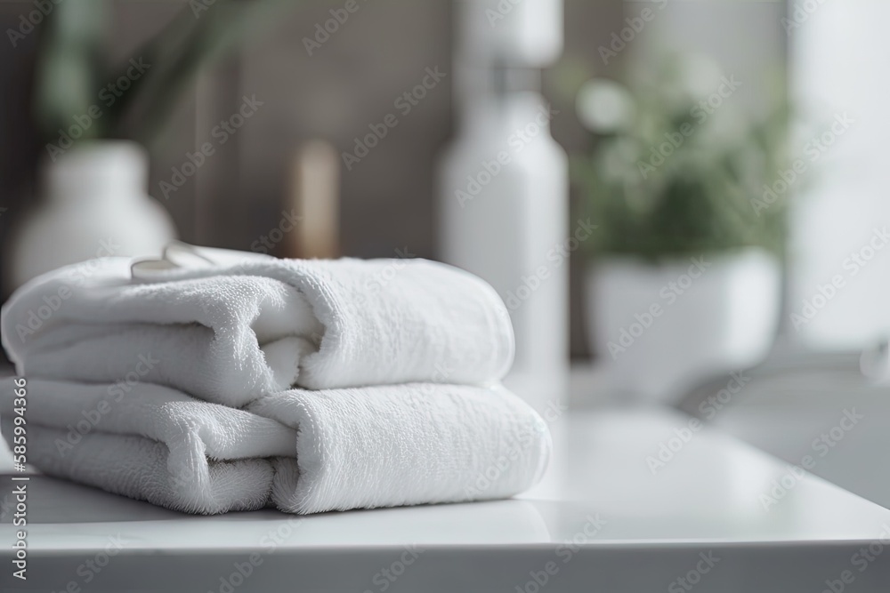 neat stack of white towels on a clean white countertop created with Generative AI technology