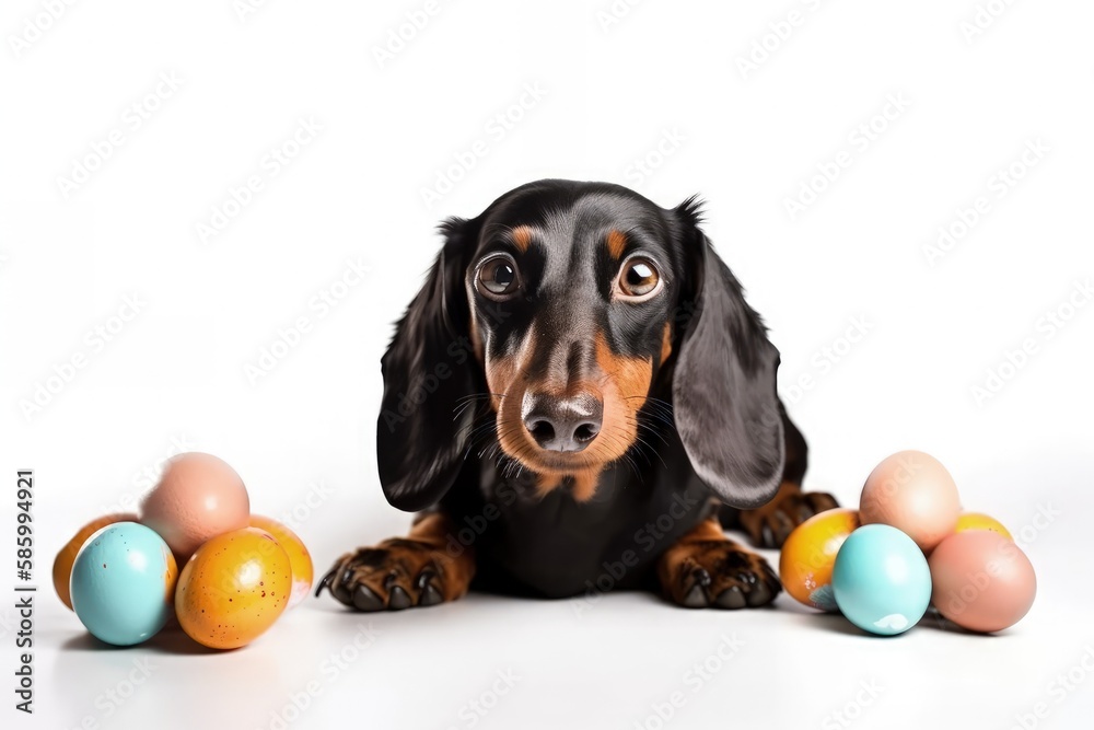 dachshund surrounded by colorful Easter eggs created with Generative AI technology